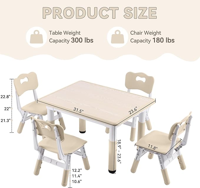 Kids Study Table and Chairs Set, Height Adjustable Toddler Table and Chair Set for Kids Ages 3-8, 31.5" L x 23.6" W Graffiti Desktop Plastic Children Art Table with 4 Seats, Burlywood