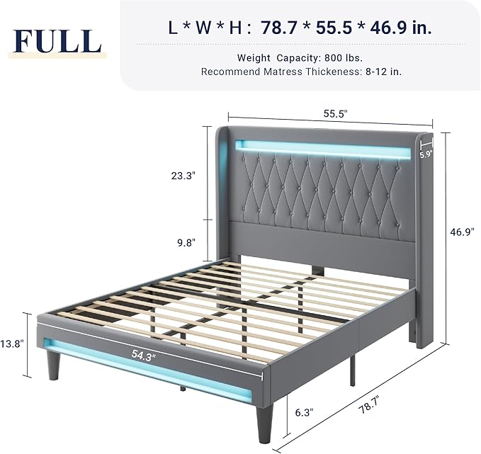 Allewie Upholstered Full Size Platform Bed Frame with LED Light and Charging Station, Button Tufted High Headboard, Wingback Design, Noise Free, Easy Assembly, No Box Spring Needed, Grey