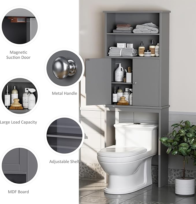 Meilocar Over The Toilet Storage Cabinet for Bathroom, 75in Over Toilet Cabinet Freestanding Storage Organizer, Space Saver with Doors and Adjustable Shelf, Grey