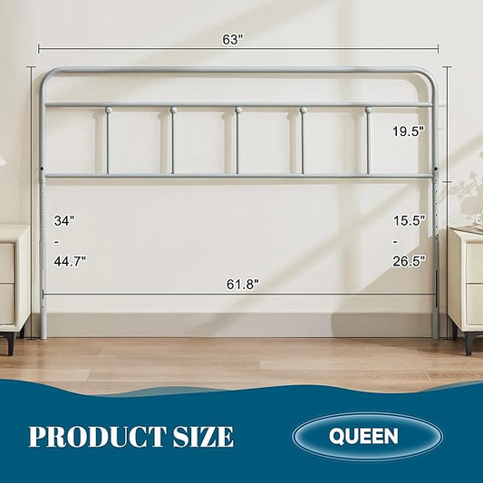 Metal Headboard Queen Size, Sturdy and Durable Iron Queen Headboard Only Adjustable Height from 34” to 44”, Victorian Vintage Bed Headboards, Farmhouse Head Board, Bed Frame Mount Grey