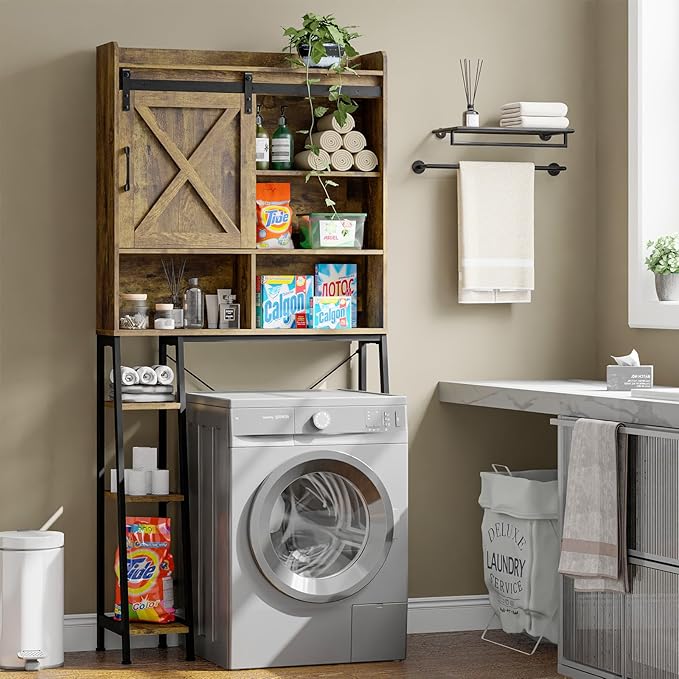 Over The Toilet Storage Cabinet, Farmhouse Storage Cabinet Over Toilet with Sliding Barn Door,Home Space-Saving Toilet Rack, for Bathroom, Restroom, Laundry.Brown.