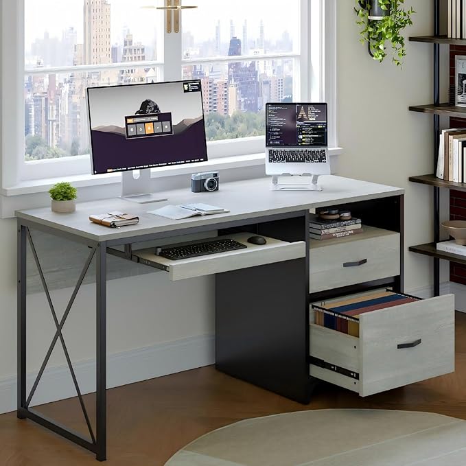 Bestier Office Desk with Drawers, 55 inch Industrial Computer Desk with Storage, Wood Teacher Desk with Keyboard Tray & File Drawer for Home Office, Wash White