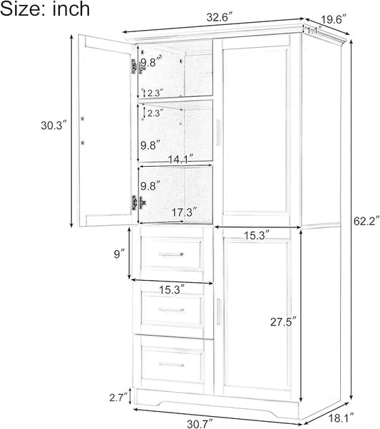 Merax 62.2" Wide Storage Cabinet Pantry Cupboard with Doors and Drawers for Home Kitchen, Bathroom and Living Room, Adjustable Shelf, White