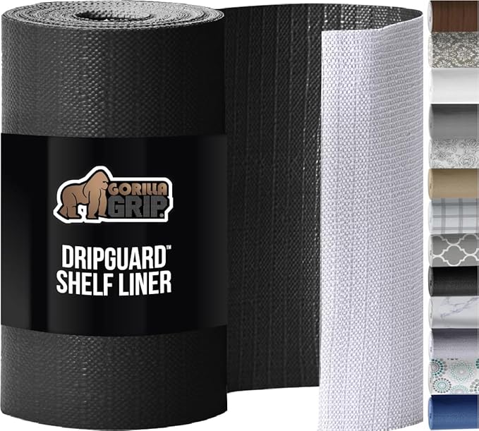 GORILLA GRIP DripGuard Shelf Liner, Non Adhesive Drawer and Kitchen Cabinet Protector, 24x240 Inch, Slip Resistant BPA Free Smooth Surface Plastic Liners for Cabinets, Bathrooms, Closets, Black