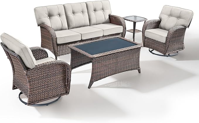 5-Piece Rotating Balcony Chair Set with 31-inch T-Shaped Wide backrest - Rattan Outdoor Rotating Balcony Chairs, Wide backrest Comfortable Outdoor Sliding Chair - Brown | Beige