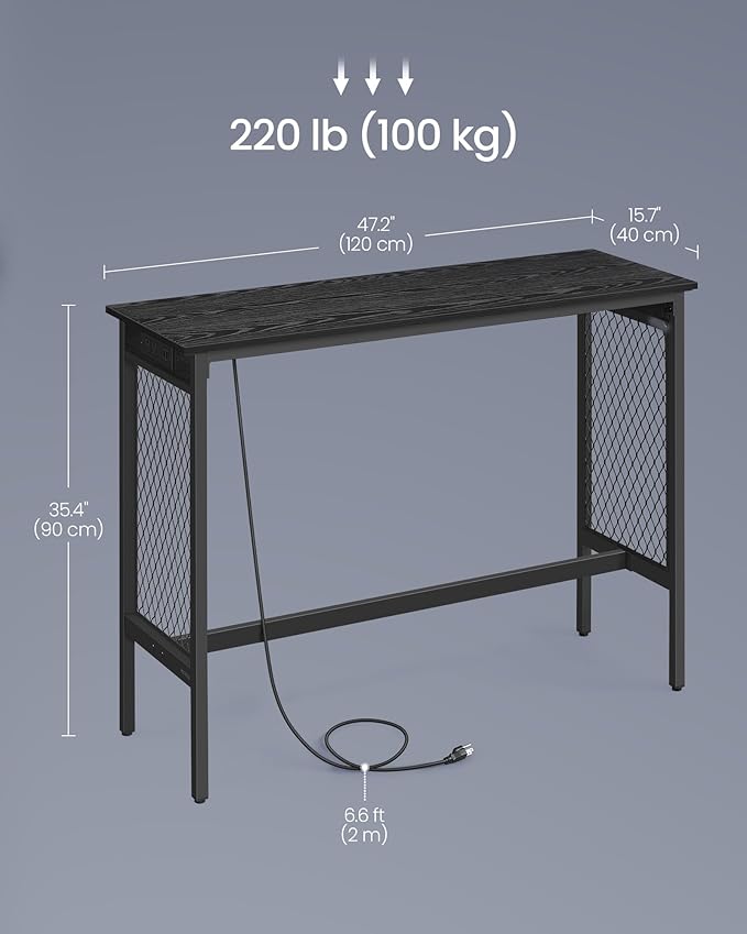 VASAGLE Bar Table with Power Outlets, 47.2 Inches LED Lights Narrow Tall Pub Table, Counter Height Console Desk, Mesh Panels and Metal Frame, for Kitchen, Entryway, Ebony Black and Matte Black