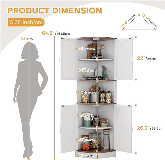 64.8" Farmhouse Corner Cabinet, Dining Room Tall Corner Cabinet with 4 Barn Doors and 5 Storage Shelves, Bar Storage Cabinets for Kitchen, Living Rooms, Laundry Room White