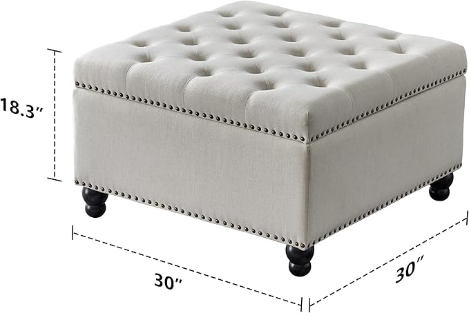 Ottoman with Storage, Large Storage Ottoman, 30 in Square Ottoman Coffee Table,Tufted Upholstered Coffee Tables for Living Room, Beige