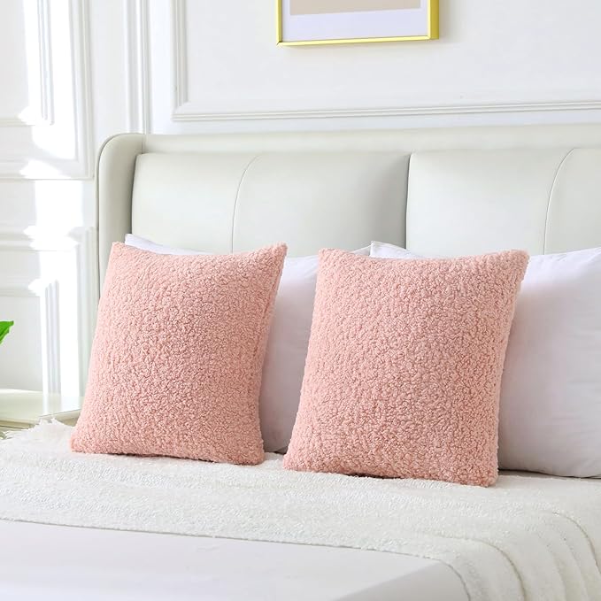 FUTEI Pink Throw Pillow Covers 24x24 Inch Set of 2,Furry Faux Fur Teddy Boucle Textured Cushion Covers,Soft Fluffy European Pillow Shams,Home Decor for Couch Bed Living Room Office Car