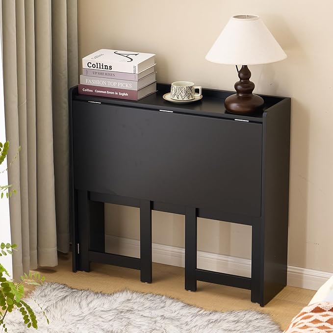 Folding Table with Storage Shelf,32.7 Inch Foldable Computer Desk for Small Spaces,Small Writing Desk for Bedroom Home Office Dorm and Apartment (Black)