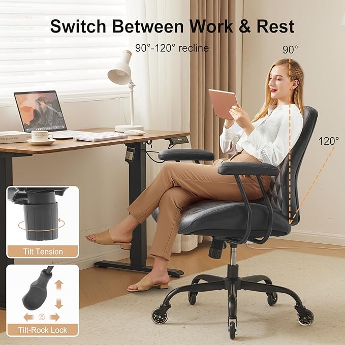 YFO Home Office Desk Chair Office Rubber Casters Ergonomic Computer Chair with Lumbar Support Adjustable Height Rolling Swivel Executive Task Armrests Chair๏ผ Black PU