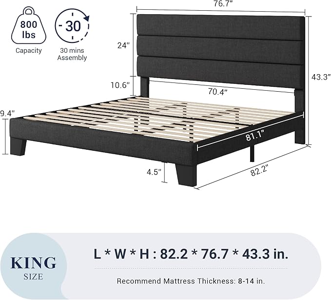 Allewie King Bed Frame Platform Bed with Fabric Upholstered Headboard and Wooden Slats Support, Fully Upholstered Mattress Foundation/No Box Spring Needed/Easy Assembly, Dark Grey