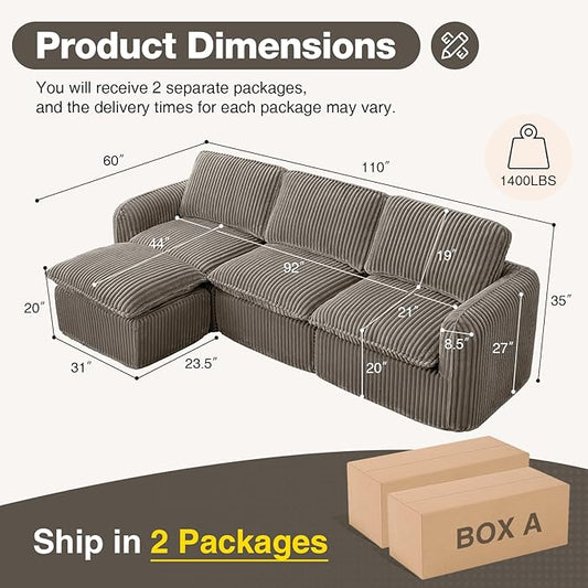 110'' Boneless Modular Cloud Couch for Living Room, Comfy Cloud Modular Sectional Couch with Ottoman, Convertible L Shaped Couches for Apartment, Dorm, No Assembly Required, Camel Corduroy