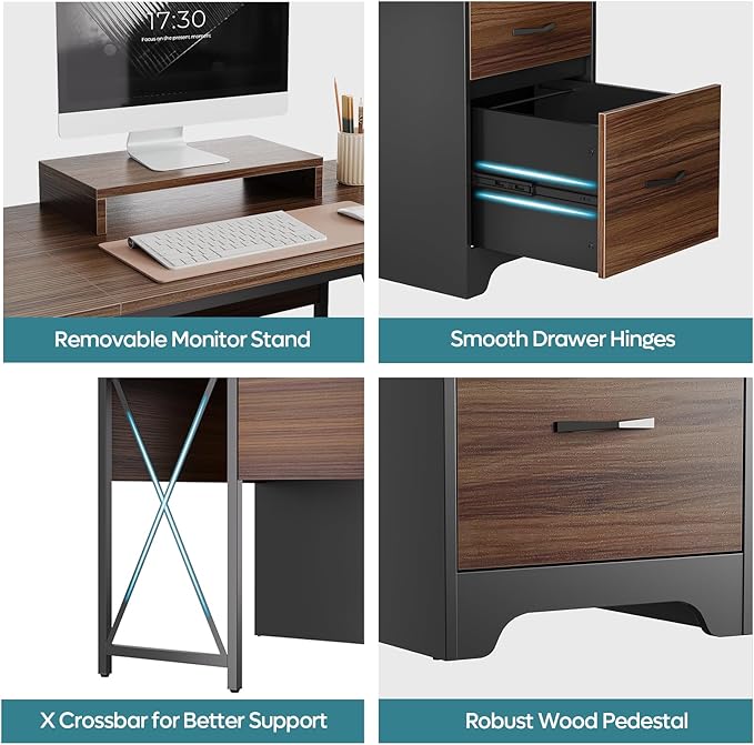 Bestier L Shaped Desk with 4 Drawers, 63" x 47" Executive Desk with Open Storage & Monitor Stand, Corner Desk with 2 File Drawers & Modesty Panel for Home Office, Cherry