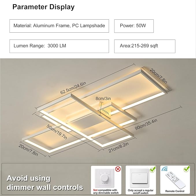GEADI Modern Dimmable Ceiling Light, 35.4" White Led Ceiling Light Fixtures with Remote Control, 50W Rectangle Flush Mount Lighting Fixture for Kitchen Bedroom Dining Room(3000K-6500K)