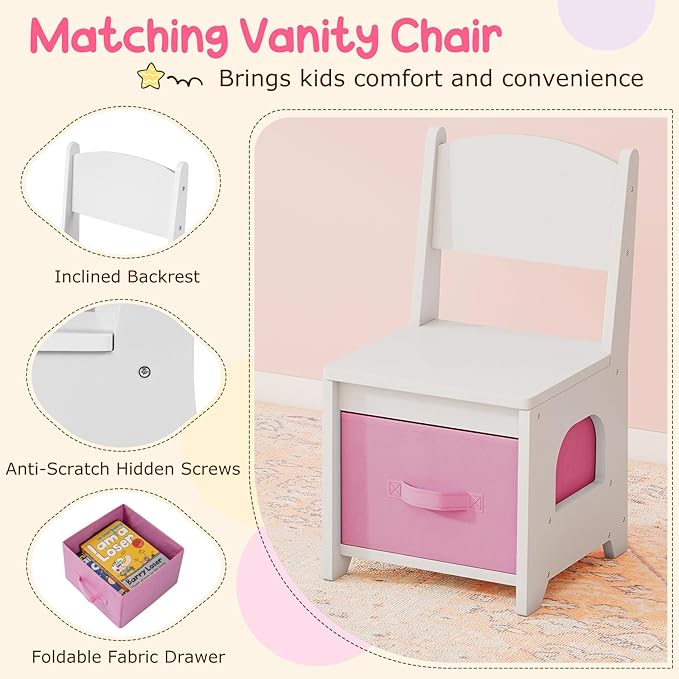 Costzon Kids Vanity, Girls Vanity Set with Lighted Mirror, Bookshelf, Drawers, Hooks & Storage Shelves, Toddler Makeup Vanity Desk Dressing Table, Wooden Kids Vanity Table and Chair Set (White)