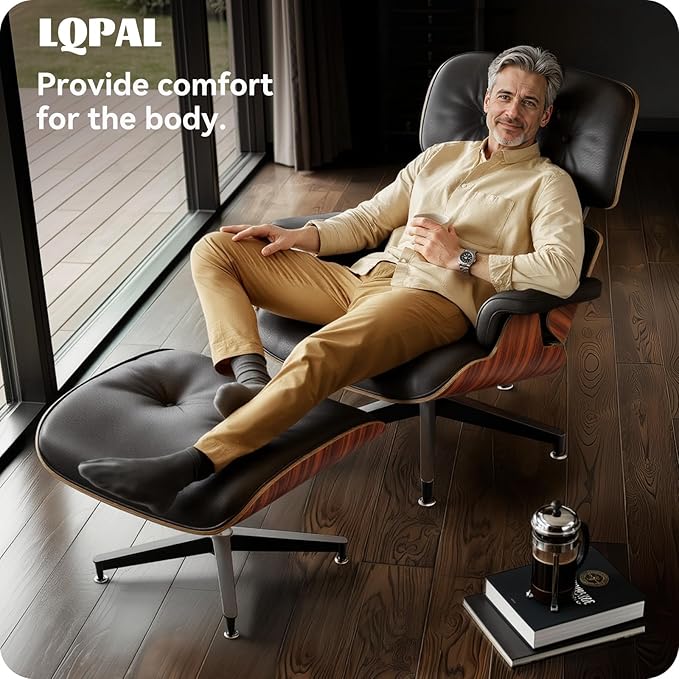 Top Black Grain Leather, Mid Century Chaise Lounge Chair and Ottoman, Modern Chair Classic Design, Palisander Wood, Heavy Duty Base Support for Living Room Office