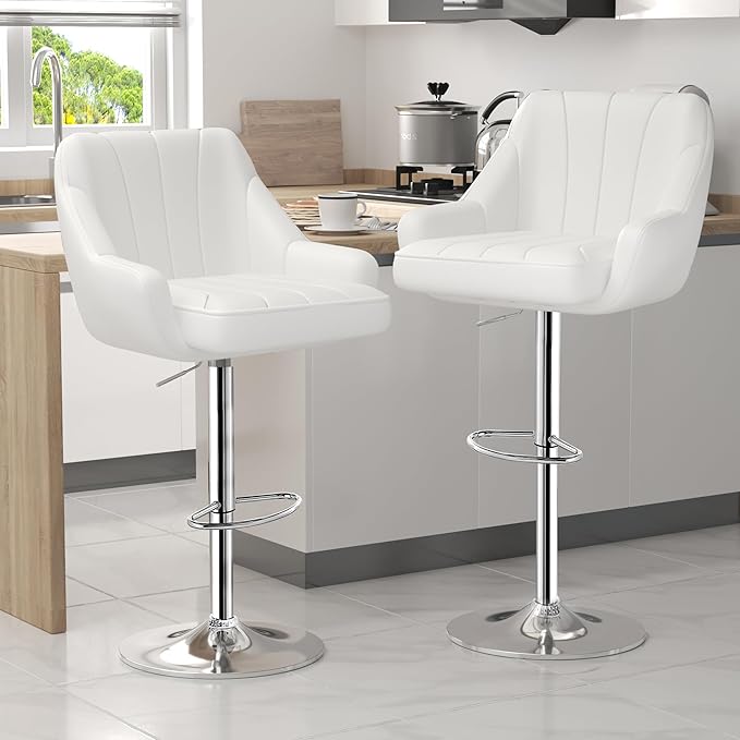VECELO Bar Stools Set of 4, Adjustable Barstools, Counter Height Stools with Back and Arm, Kitchen Island Stools, Swivel PU Chairs for Pub, Dining Room, Modern Style, White