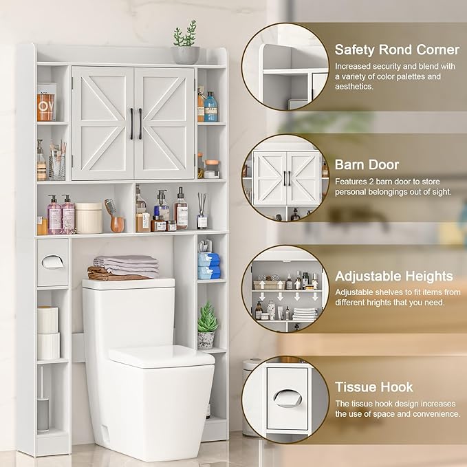 Farmhouse Storage Cabinet Over Toilet with Barn Doors,Over The Toilet Storage Cabinet, Home Space-Saving Toilet Rack, for Bathroom, Restroom, Laundry.