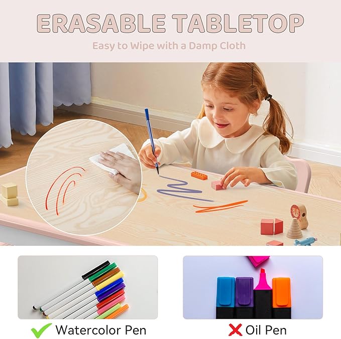 Kids Table and 2 Chairs Set, Height-Adjustable Toddler Table and Chair Set with Graffiti Desktop, 23.6''L x 23.6''W Children Activity Table for Daycare, Classroom, Home