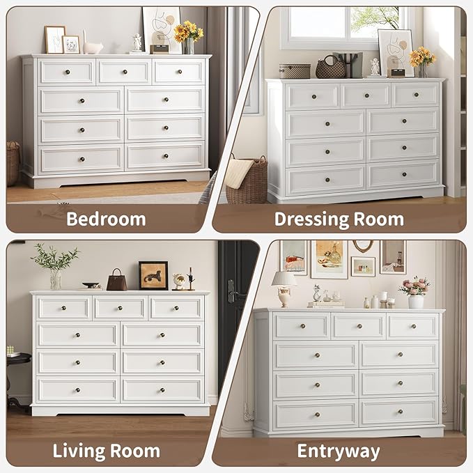 9 Drawer Dressers for Bedroom, 51" Wide Wood Chest of Drawers, Farmhouse Bedroom Dressers with Drawers, Modern Dresser TV Stand, Retro Design, for Living Room, Dressing Room, Hallway, White