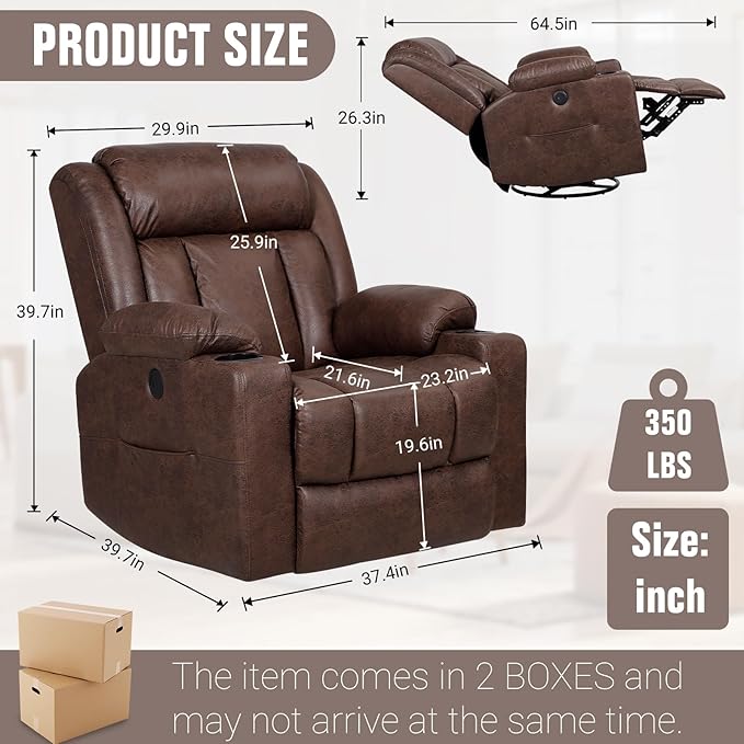 Retro Rocking Recliner Chair, Massage Rocker Recliner Chair with Vibration Massage and Heat, USB and Type-C Ports,360° Swivel Chairs,Living Room, Bedroom, Nursery, RV, Brown