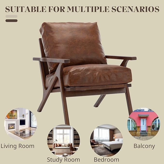 Brown Leather Accent Chair and Ottoman, Mid Century Modern Arm Chair, Retro Upholstered Armchair with Wood Frame & Removable PU Cushions, Large Leisure Slipper Chair for Living Room/Bedroom, Set of 2