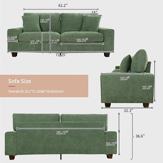 DOPEDIO Modern Loveseat Sofa for Living Room,Chenille Recliner, Removable Cover, Spring Cushions, Solid Wood Frame, Easy Assembly for Small Spaces (71.25inch,Green)
