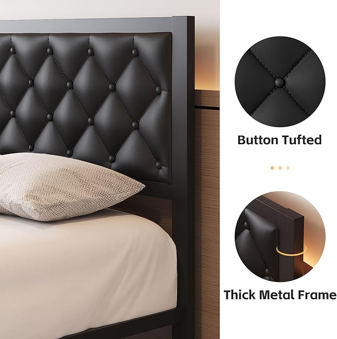 Full Bed Frame with Headboard PU Leather Upholstered Bed Frame Platform,All Metal Slats Support Platform Bed Frame with Storage Space,Easy Assembly,Noise Free,No Box Spring Needed,Black
