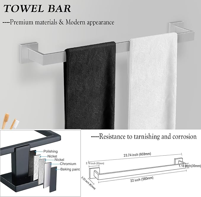 BOZWELL 5 Piece Brushed Nickel Stainless Steel Towel Bar Set, 23.6 inch Square Bathroom Hardware Accessories Set,Wall Mounted Towel Racks for Bathroom with TP