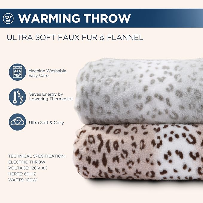 Westinghouse Heated Throw Blanket, Grey Leopard Electric Throw Blanket, Luxury Faux Fur to Flannel Reversible, 6 Heating Levels & 2-10 Hours Time Setting, Machine Washable(Throw, 50"x60")