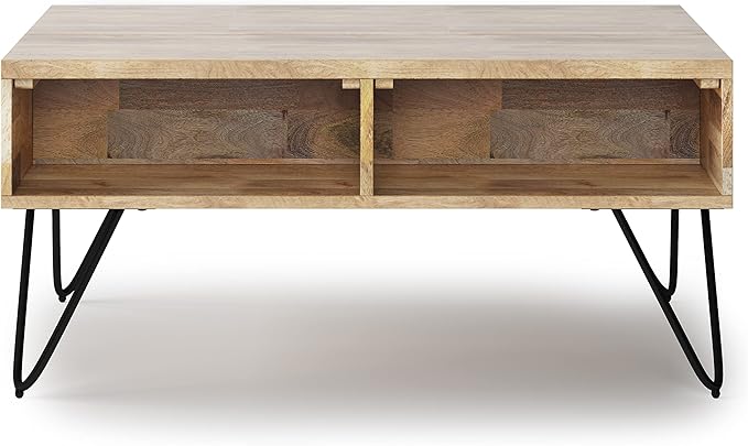 SIMPLIHOME Hunter Small Lift Top Coffee Table - 36 inch Wide Solid Mango Wood and Metal Industrial Cocktail Table in Natural, Living Room Table with Hidden Storage, 2 Cubbies, and Hairpin Legs