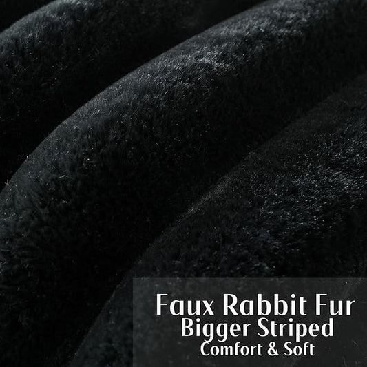 FUTEI Black Decorative Throw Pillow Covers 22x22 Inch Set of 2, Square Soft Faux Rabbit Fur Thick Striped Cushion Cover,Winter Home Decor for Couch Bed Living Room