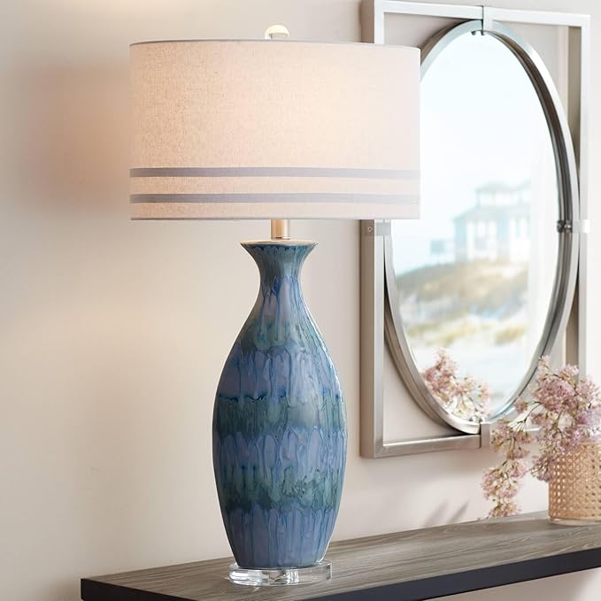 Possini Euro Design Annette Modern Style 3-Way Table Lamp with Table Top Dimmer 38" Tall Blue Drip Ceramic Off White Fabric Oval Shade Decor for Living Room Bedroom House Bedside Home