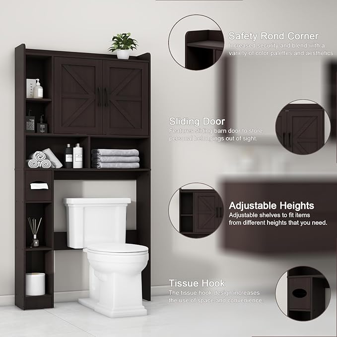 Vabches Over The Toilet Storage Cabinet, Farmhouse Storage Cabinet Over Toilet with 2 Barn Door & Toilet Paper Holder Stand,Home Space-Saving Toilet Rack, for Bathroom, Restroom, Laundry