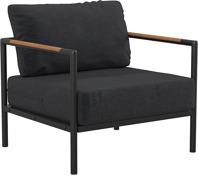 Flash Furniture Lea Indoor/Outdoor Patio Chair with Cushions - Modern Aluminum Framed Chair with Teak Accented Arms, Black with Charcoal Cushions