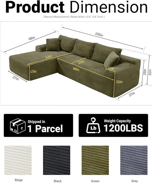 108 Inch Cloud Sectional Couch,Modern Modular Sectional Sofa with Deep Seat,Corduroy Boneless Couches with L-Shape Chaise for Living Room,No Assembly Required (Green, Left Facing Chaise)