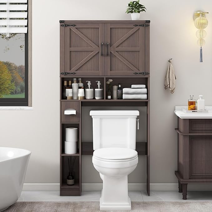 Vabches Over The Toilet Storage Cabinet, Farmhouse Storage Cabinet Over Toilet with Barn Doors & Toilet Paper Holder Stand,Home Space-Saving Toilet Rack, for Laundry, Bathroom, Restroom(Espresso).