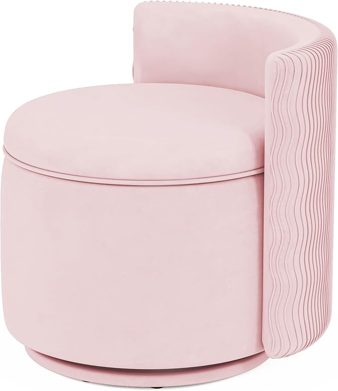360° Swivel Accent Chair with Storage, Vanity Stool with Back, Velvet Storage Ottoman, Upholstered Round Barrel Vanity Chair for Living Room, Makeup Room, Bedroom (Pink)