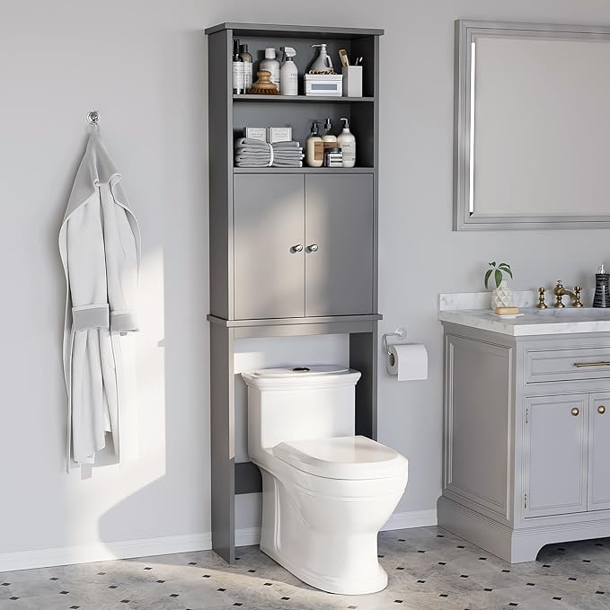 Meilocar Over The Toilet Storage Cabinet for Bathroom, 75in Over Toilet Cabinet Freestanding Storage Organizer, Space Saver with Doors and Adjustable Shelf, Grey
