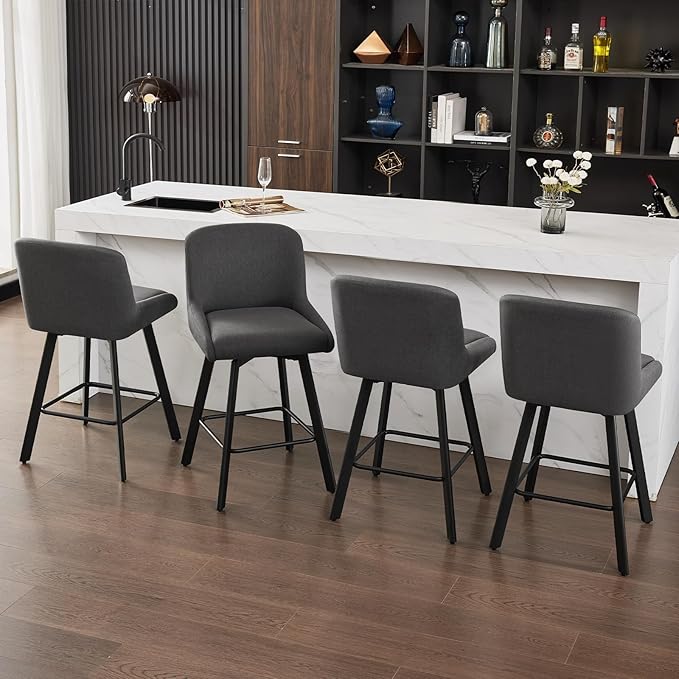 Swivel Counter Height Bar Stools Set of 3, 26''H Upholstered Barstools with Backs, Modern Bar Stool Chairs for Kitchen Island, Metal Legs, Fabric, Black Grey Stools Counter Chair