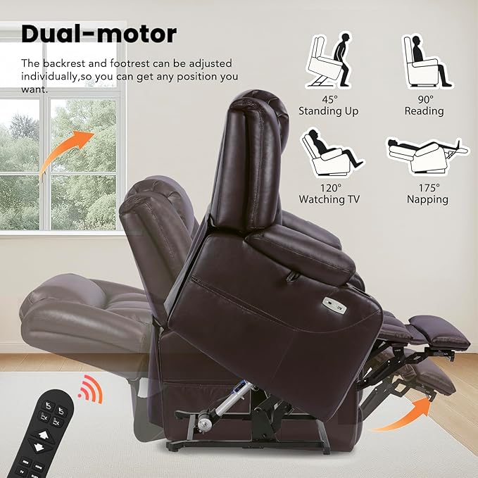 EONIX Dual Motor Oversized Power Lift Recliner Chair for Elderly, 400lbs Heavy Duty Faux Leather Recliner with Massage and Heat, Big and Tall Lay Flat Lift Chair with Cup Holders, SLRY006, Dark Brown
