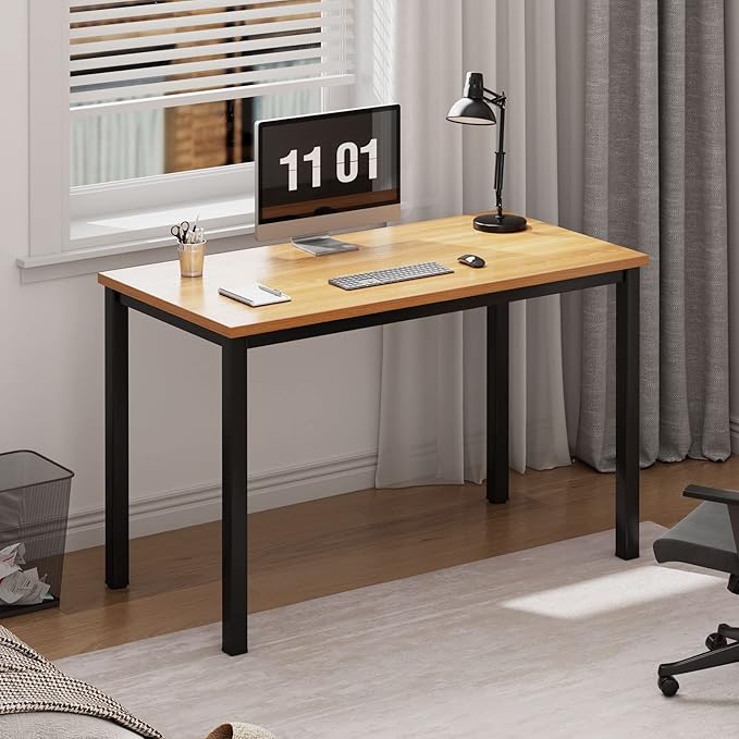 Need Small Desk, 39.4 inches Sturdy Writing Desk for Small Spaces, Teens Computer Desks Study Table Laptop Home Ofice, Black Metal Frame, Teak