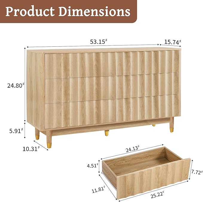 Fluted 6 Drawer Dresser, 53" Wide Modern Storage Chest of Drawers, Wood Drawer Organizer for Bedroom, Living Room, Hallway