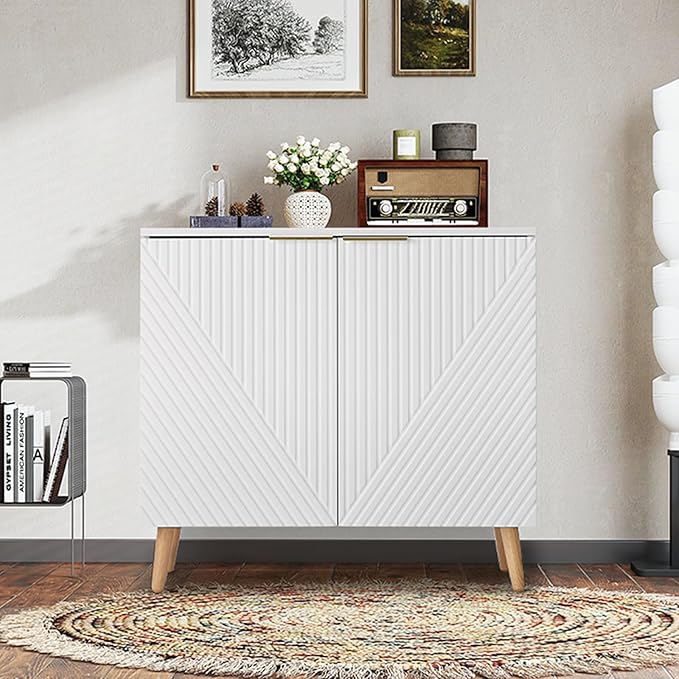Fluted Storage Cabinet with Doors Set of 2, Wooden Sideboard Buffet Cabinet with Adjustable Shelves, Modern Accent Table for Living Room, Entryway, White