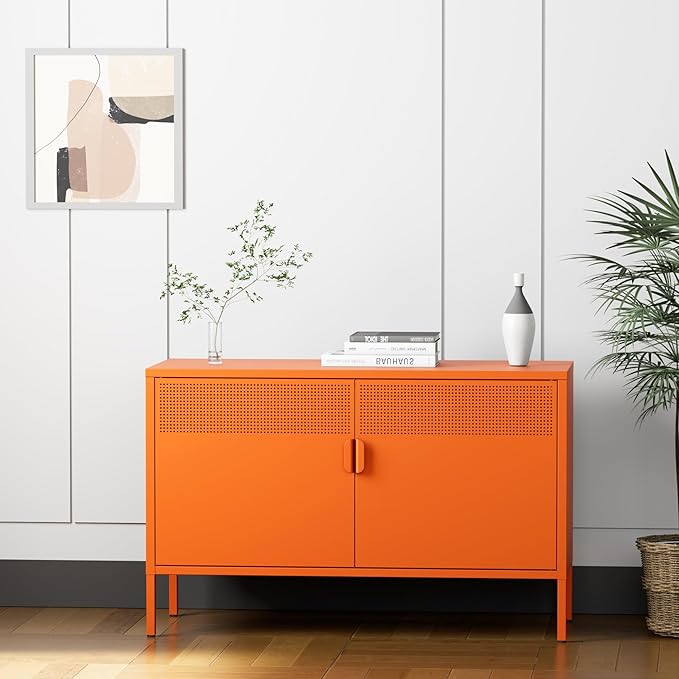 2 Door Accent Cabinet,Orange Metal Storage Cabinet with Adjustable Shelf,2-Tier Shelf,Multipurpose Metal Locker Storage for Office Home,Music Studio (Orange)