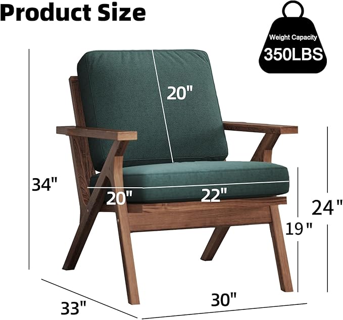 INZOY Mid-Century Modern Accent Chair with Wood Frame, Fabric Living Room Chair and Soft Thick Padded Armchair for Living Room Bedroom Reception with Removable Upholstered Cushions, Dark Green