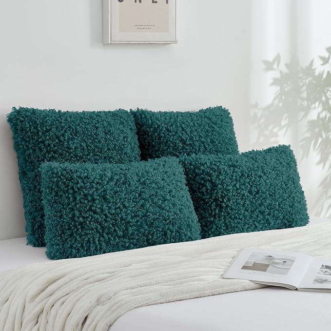 FUTEI Teal Decorative Throw Pillow Covers 18x18 Inch Set of 2,Soft Fluffy Faux Wool Fur Boucle Textured Cushion Case,Modern Home Decor for Couch Bed Living Room Office