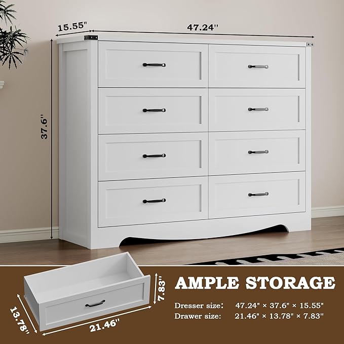 8-Drawer Dresser for Bedroom, Modern Wooden Chest of Drawers with Metal Handles, Anti-Tipping Design, Sturdy and Stable Storage Organizer for Living Room, Entryway, Home Office, Standard