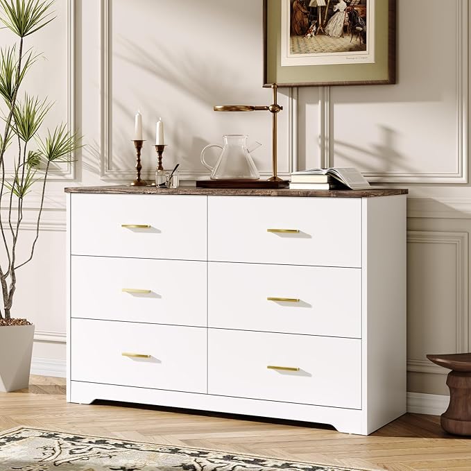 LIDYUK White Dresser for Bedroom, 6 Drawer Dressers & Chests of Drawers, Modern Wood Dresser, 48 Inches Wide Chest of Drawers for Bedroom, Hallway, Living Room